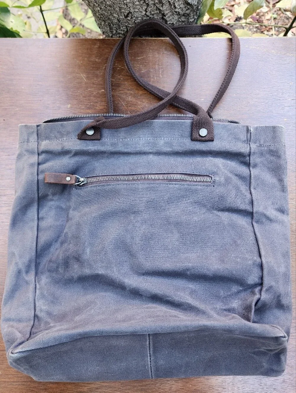 Vintage Waxed Canvas Tote Bag Two Tone Grey Brown Utility Work Shoulder Handbag